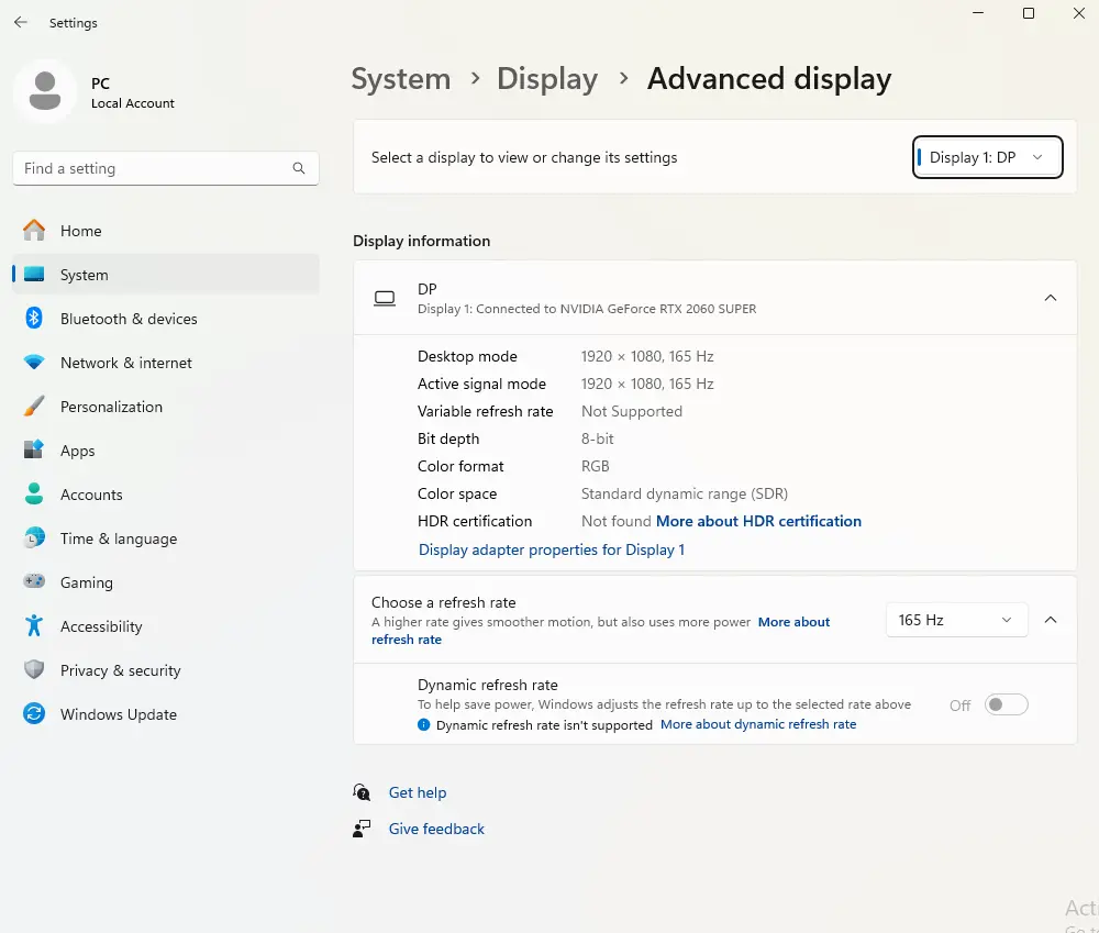 Advanced Display settings